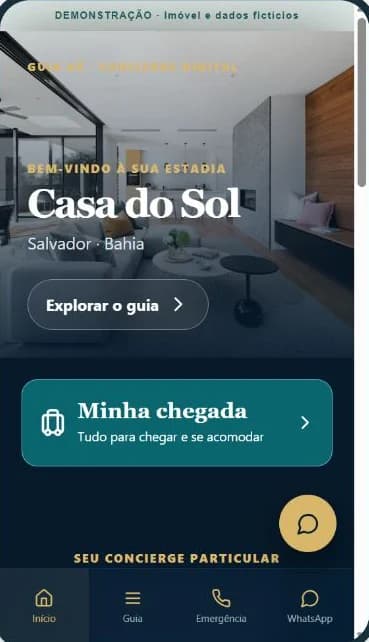 Tela real de boas-vindas do guia, com foto, nome do imóvel e botão Minha chegada